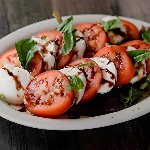 Caprese salad with sliced tomatoes, fresh mozzarella, basil, and balsamic glaze on a white plate.
