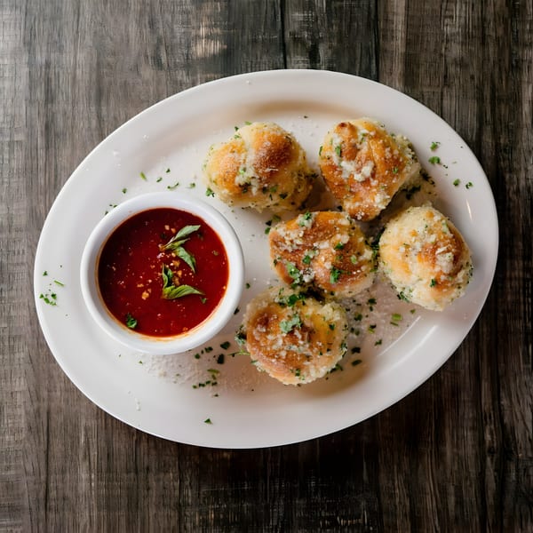 Piu Bello Buckhead's garlic knots with parmesan and parsley, served with a side of marinara sauce.
