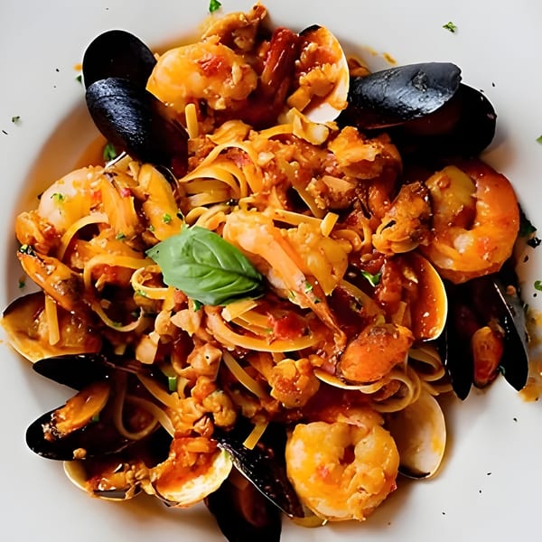 Close-up of Piu Bello Buckhead's seafood pasta with shrimp, mussels, and clams in red sauce.