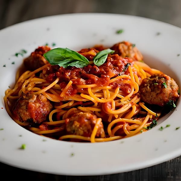 Spaghetti and meatballs with rich red sauce and fresh basil on a white plate.